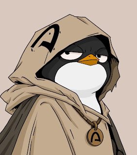 An illustration of a penguin wearing a tan hooded cloak with a symbol on the hood and a pendant around its neck, looking unimpressed.