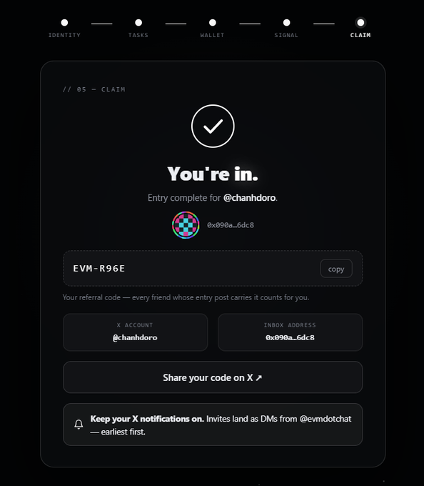 A dark-themed digital interface screen titled "You're in." with a checkmark, showing "Entry complete for @chanhdoro" along with an EVM referral code "EVM-R9GE" and various navigation tabs at the top.