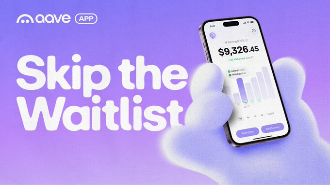 The image features a purple promotional banner for the Aave mobile app, displaying a smartphone with a screen showing earnings of $9,326.45 and bar graphs, alongside the bold white text "Skip the Waitlist" and the Aave App logo. The banner visually reinforces the post's message by encouraging users to bypass the waitlist using the Ghost Pass code "DEFIWILLWIN" for early iOS access.