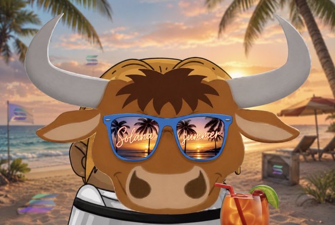 A cartoon bull wearing blue sunglasses with "Solana Summer" reflected in the lenses enjoys a tropical sunset drink on a beach, fitting the post's "Sned it so hard Solana summer" vibe.