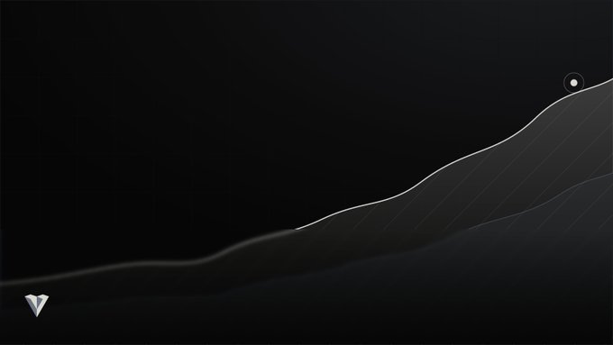 The image shows a minimalist dark-themed design with subtle topographical-style wavy lines rising along the bottom right, accented by a small white dot and the Veil logo (a downward V-shape) in the lower left corner. It visually represents the Veil brand's privacy-focused identity, complementing the post's shoutout to @Veildotcash for pioneering privacy on @base.