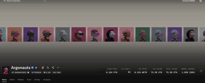An NFT marketplace interface showing a collection called 'Argonauts' by ARGONAUTGENE, displaying various pixel art character avatars in a row.