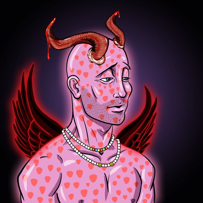 A digital illustration of a pink-skinned figure with red heart patterns covering their body, featuring curled horns, dark red wings, and pearl necklaces against a dark background.