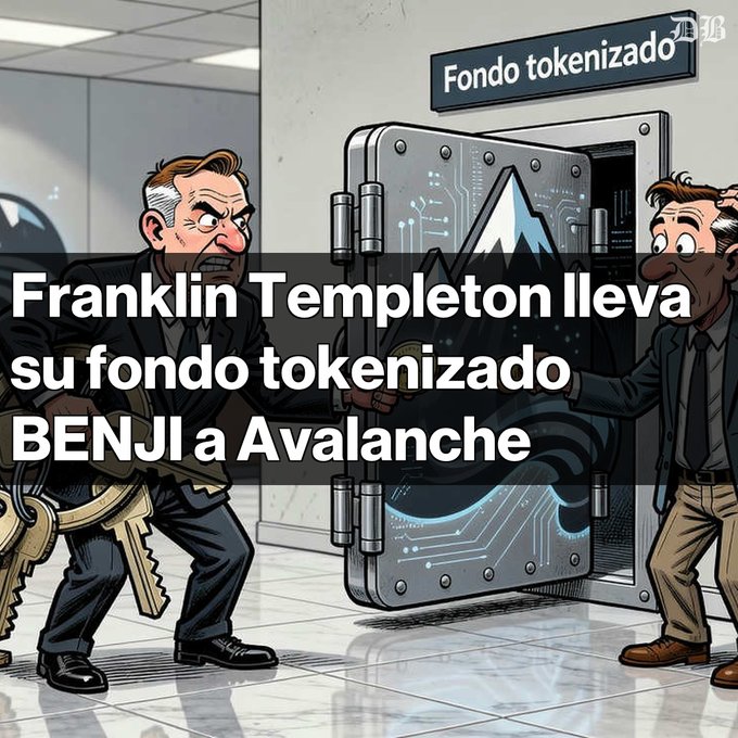 An illustration of two men opening a vault labeled 'Fondo tokenizado' with Spanish text reading 'Franklin Templeton lleva su fondo tokenizado BENJI a Avalanche'.