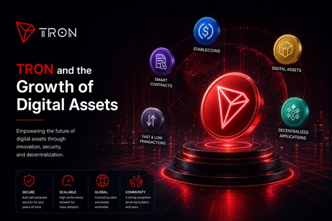 A promotional graphic for 'TRON and the Growth of Digital Assets,' featuring the TRON logo surrounded by icons for stablecoins, digital assets, smart contracts, fast transactions, and decentralized applications.