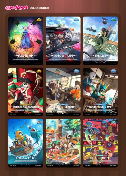 A screenshot titled 'CHIMPERS DOJO BINDER' displays a 3x3 grid of NFT collectible cards featuring chimpanzee characters in various scenes and themes.