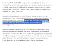 A close-up of SEC paperwork details Invesco's filing for a tokenized money market fund ("Invesco Stablecoin Reserves") targeting the $4.55T RWA market, presented as visual proof of $RLUSD's official eligibility under the GENIUS Act.