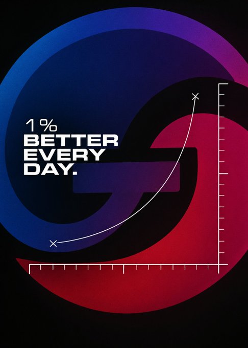 Stylized graphic with blue, purple, and red circular design elements displaying the motivational text '1% BETTER EVERY DAY.' with an upward trending graph line.
