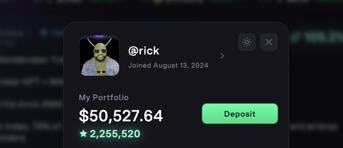 A screenshot of a user profile on @ggdotxyz showing the username "@rick" with the handle joined August 13, 2024, displaying a portfolio value of $50,527.64 and 2,255,520 stars, which supports the post's claim of growing from $200 to $50,000 for a 250x gain.