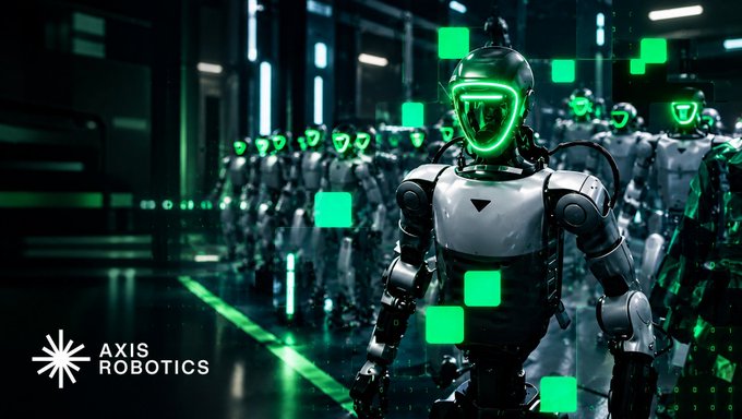 A sci-fi scene featuring humanoid robots with glowing green visors and digital green squares floating around them in a dark industrial setting, branded with 'AXIS ROBOTICS' logo.