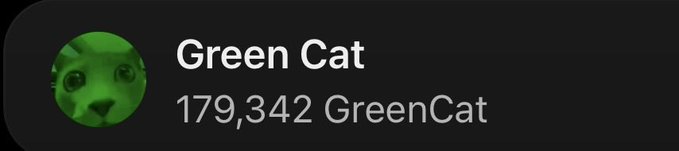 A dark-themed profile card displaying 'Green Cat' alongside a green-tinted cat avatar and the number '179,342 GreenCat'.