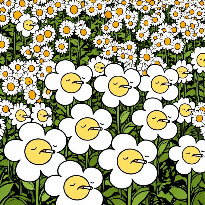 A stylized illustration of anthropomorphic daisy flowers with sleepy faces smoking cigarettes, set against a lush field of smaller daisies. The whimsical "GM (Good Morning)" vibe from the cheerful post pairs humorously with the cartoon flowers, blending a relaxed weekend mood with the flowers' ironically tired, smoking expressions.