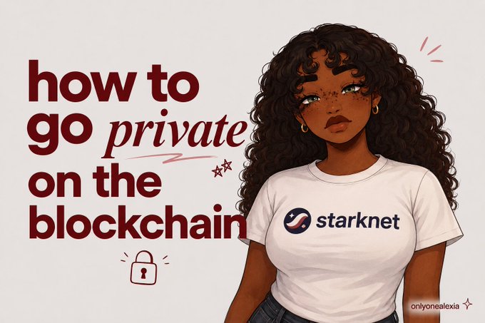 An illustrated promotional graphic titled 'how to go private on the blockchain' features a woman with curly hair wearing a white 'starknet' t-shirt, credited to 'onlyonealexia'.