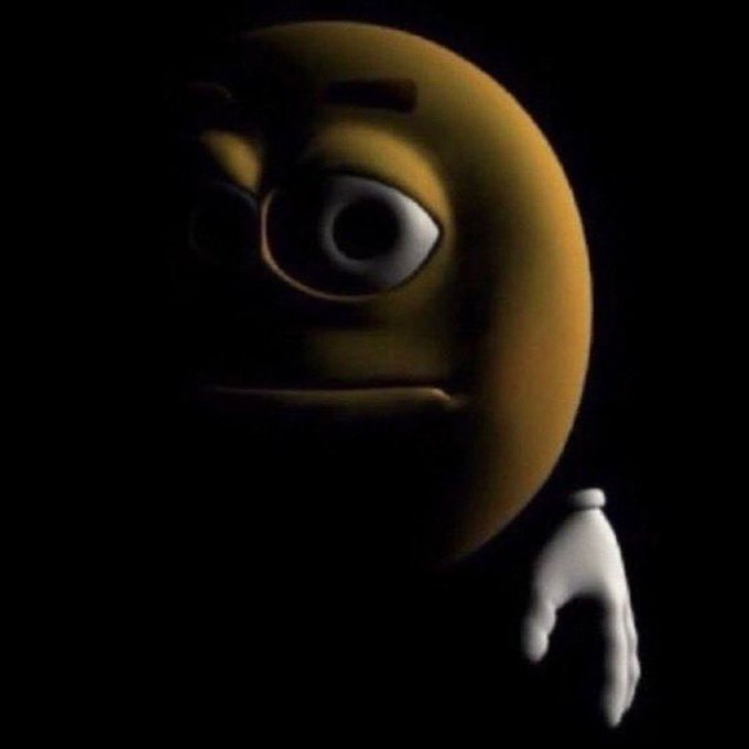 A dark, unsettling 3D rendering of a yellow emoji face with wide, creepy eyes and a white-gloved hand emerging from shadow, evoking a sense of disturbance or discomfort that mirrors the user's confusion over unexpectedly finding Ethan Prosper and Xander's 1v1 content on the official Solana X account.