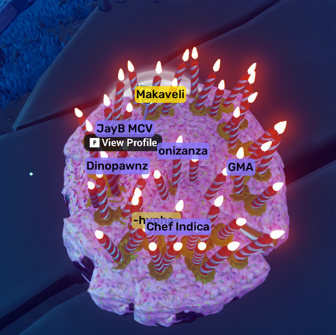 A birthday cake with lit candles displays usernames including "Makaveli," "JayB MCV," "Dinopawnz," "GMA," "Chef Indica," and "onizanza," celebrating Makaveli's birthday alongside fellow gaming friends mentioned in the post.