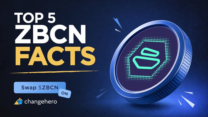 A promotional graphic titled 'TOP 5 ZBCN FACTS' featuring a large 3D rendered ZBCN coin with a green logo, alongside a 'Swap $ZBCN' button and 'changehero' branding on a dark blue background.