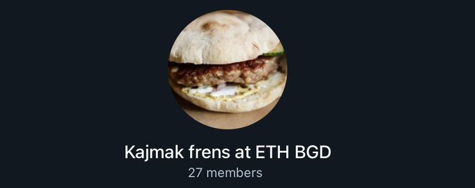 A circular image of a burger skewer (pljeskavica) appears above the Telegram group "Kajmak frens at ETH BGD" with 27 members, humorously tied to the post about a Belgrade-based cabal for ETH Belgrade and Solana Summit attendees. The image playfully references the Serbian national dish, connecting the local Balkan food culture to the crypto/blockchain community gathering in Belgrade.
