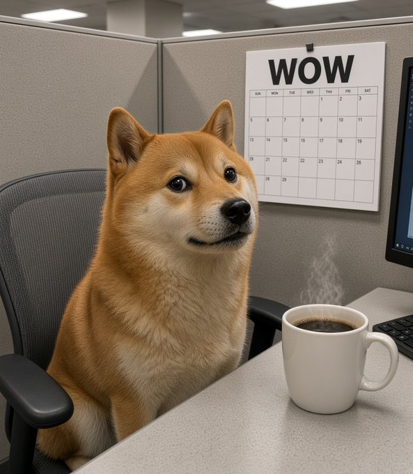 A Shiba Inu dog sits at a gray office cubicle with a steaming coffee mug, looking alert beside a calendar labeled "WOW." The scene humorously ties to the caption "worst day of the week. best ticker of the decade. $DOGE," symbolizing the $DOGE cryptocurrency through the Shiba Inu mascot watching the workweek pass.
