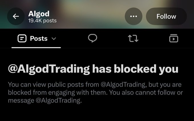 A social media notification screen indicating that @AlgodTrading has blocked the user.