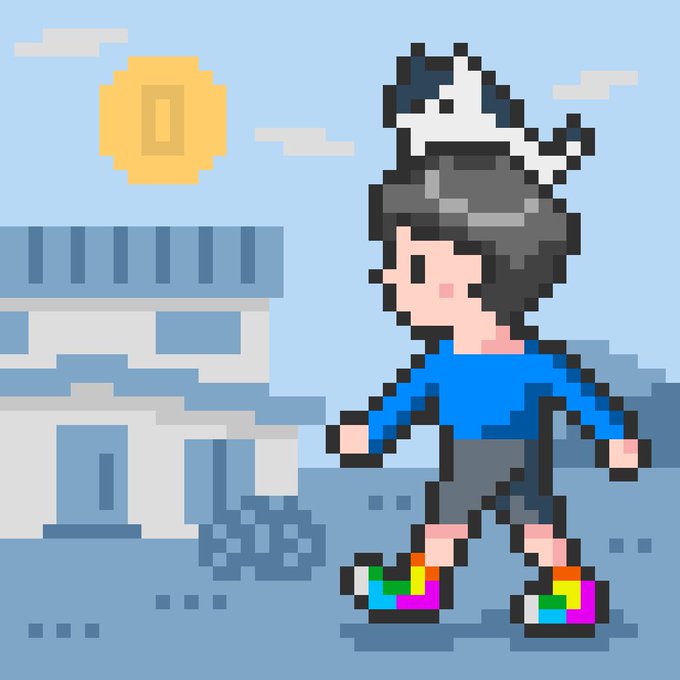 Pixel art character with gray hair and white cat ears wearing a blue shirt and rainbow shoes, standing on roller skates near water with a house and sun in the background.