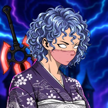 The image shows an anime-style character with curly blue-grey hair, glowing white eyes, a pink face mask, and a purple floral kimono, holding a large black and red axe against a dark, lightning-filled purple background.

The image appears unrelated to the post's content about Inkonchain, Robinhood Chain, and NFT minting—likely serving as a stylistic avatar or decorative header rather than illustrating the topic directly.