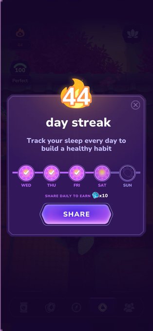 A mobile app sleep-tracking screen celebrating a '44 day streak' with checkmarks for WED through SAT completed, encouraging daily sleep tracking to build healthy habits.