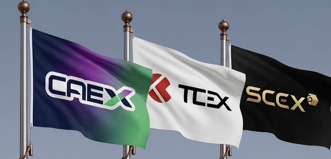 Three cryptocurrency exchange flags wave against the sky: a purple and green CAEX flag, a white TCEX flag, and a black SCCEX flag.