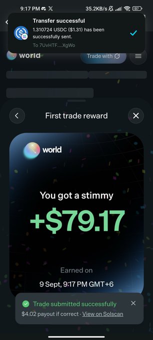 A smartphone screenshot showing a successful crypto transfer notification ('1.310724 USDC ($1.31) has been successfully sent') and a pop-up from the 'world' app celebrating a first trade reward of '+$79.17'.