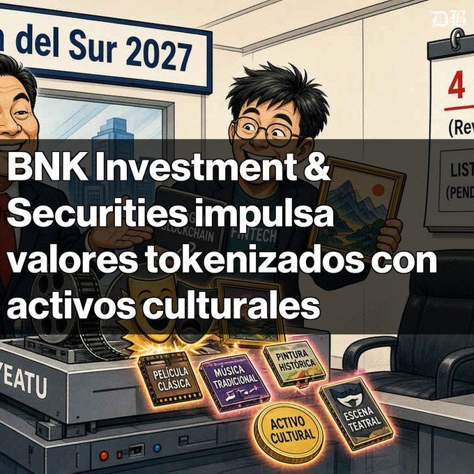 An illustrated graphic with Spanish text reading 'BNK Investment & Securities impulsa valores tokenizados con activos culturales' showing two men with a film reel, book, and tokenized cultural assets.