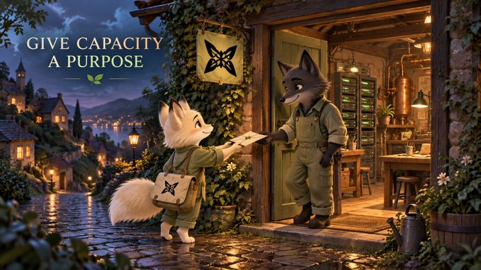 Two illustrated animal characters, one in overalls delivering a package to a wolf-like character in a rustic workshop, are shown under the text "GIVE CAPACITY A PURPOSE."