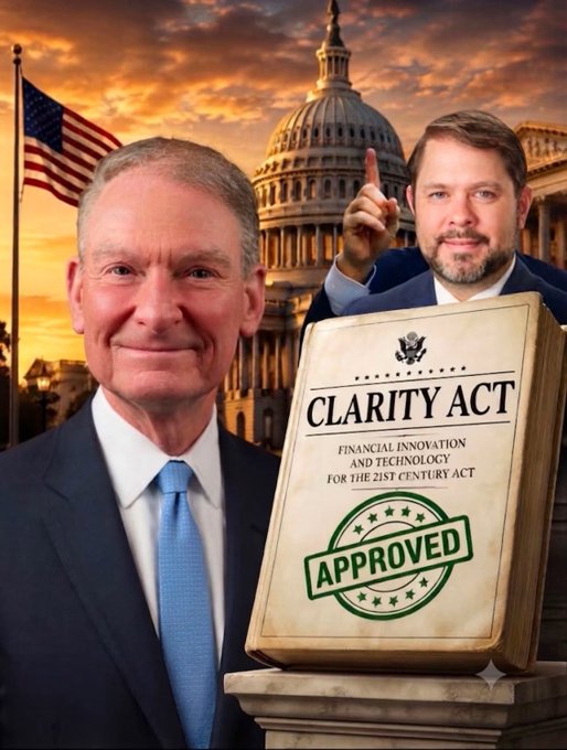 The image features two men in suits standing in front of the U.S. Capitol and an American flag, alongside a graphic displaying the "CLARITY Act - Financial Innovation and Technology for the 21st Century Act" stamped "APPROVED," visually representing Senators Thom Tillis and Ruben Gallego's finalized ethics compromise for the crypto legislation.