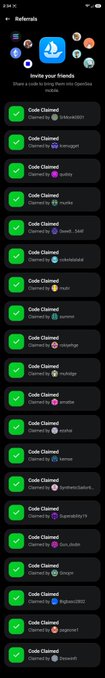 A mobile app referral screen titled 'Invite your friends' lists numerous 'Code Claimed' notifications for user 1Miked001.