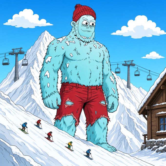 A cartoon illustration of a large blue yeti wearing a red beanie and torn red shorts, towering over skiers on a snowy mountain with ski lifts in the background.