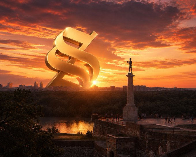 A surreal landscape featuring a giant golden dollar sign statue at sunset next to a monument with a statue on top.