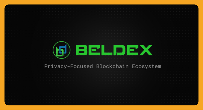 A logo for 'BELDEX' described as a 'Privacy-Focused Blockchain Ecosystem' in green text on a black background with an orange border.