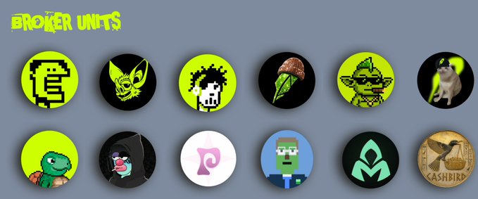 The image displays a "BROKER UNITS" header in green pixelated text above a 2x6 grid of circular NFT badges featuring various characters and icons, including a pixel character, a bat, a skull, a feather, a goblin, a cat, a dinosaur, a hooded figure, a pink "p" logo, a Frankenstein-like character, a green hooded figure, and a "CASHBIRD" token—promoting an upcoming NFT mint with allowlist eligibility checking via OpenSea.
