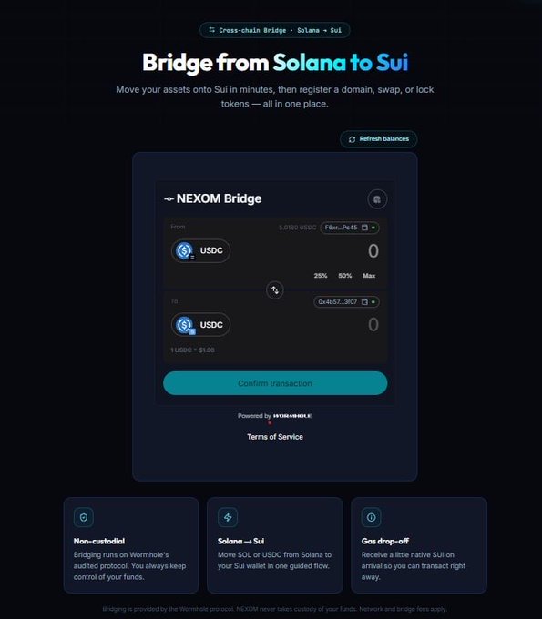 A dark-themed user interface for the 'NEXOM Bridge' showing a 'Bridge from Solana to Sui' transfer screen with USDC input fields and a teal 'Confirm transaction' button.