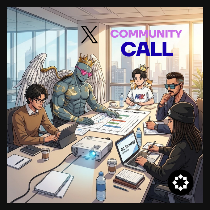 Illustrated 'COMMUNITY CALL' graphic with an X (Twitter) logo, depicting a diverse group including a winged crowned figure with heart sunglasses, people with laptops, a 'Q2 Strategy' notebook, and a projector on a table.