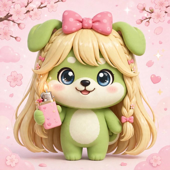A 3D-rendered cute green dog-like character with long blonde braided hair, a pink polka-dot bow, and big blue eyes holds a pink lighter with a flame, set against a pink background with cherry blossoms.