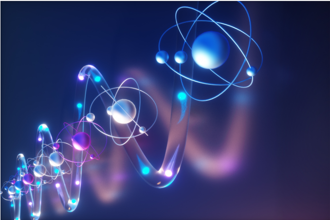 An abstract digital artwork featuring glowing atom-like structures and orbs connected by light trails in shades of blue, purple, and white against a dark background.