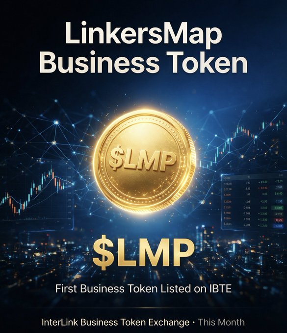 A promotional graphic for 'LinkersMap Business Token' ($LMP), described as the 'First Business Token Listed on IBTE' (InterLink Business Token Exchange), featuring a gold coin and stock market charts.