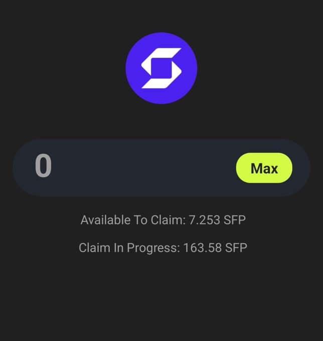 A dark-themed cryptocurrency interface displays a Polygon logo above a claim field showing '0' and a green 'Max' button, indicating 'Available To Claim: 7.253 SFP' and 'Claim In Progress: 163.58 SFP'.
