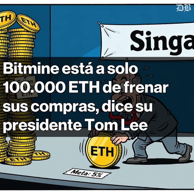 A cartoon illustration of a sweating man pushing an ETH coin toward stacks of coins, with a "Singa" banner in the background and Spanish text "Bitmine está a solo 100.000 ETH de frenar sus compras, dice su presidente Tom Lee."