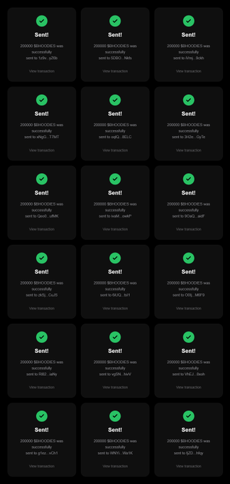 Screenshot showing 15 completed transactions, each confirming that 200,000 $BHOODIES tokens were successfully sent to a different SOL wallet address, serving as proof of the presale airdrop distribution.