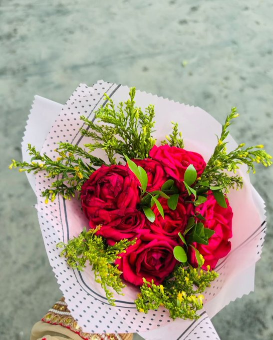 The image features a bouquet of red roses, with green leaves and stems, placed inside a white paper wrapper. The flowers are arranged in such a way that they fill most of the space within the wrapper. The background appears to be a blurred outdoor setting, possibly a park or garden area. The post includes text that reads "Good Morning CT. A bouquet of roses for her @NomismaNetwork Quacks on @useTria". This suggests that someone has sent this bouquet as a surprise gift to the person in the image, and it is intended to be shared with others through social media platforms like Twitter or Instagram.