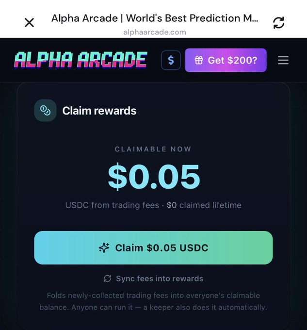A screenshot of the 'Alpha Arcade | World's Best Prediction Market' website (alphaarcade.com) showing a 'Claim rewards' page with $0.05 USDC available to claim from trading fees.