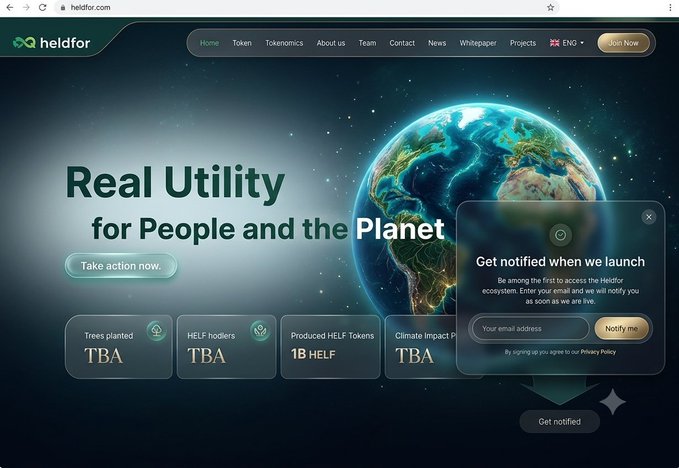 Screenshot of the heldfor.com website homepage featuring an Earth graphic, the tagline 'Real Utility for People and the Planet', and a popup offering email notifications for their launch.