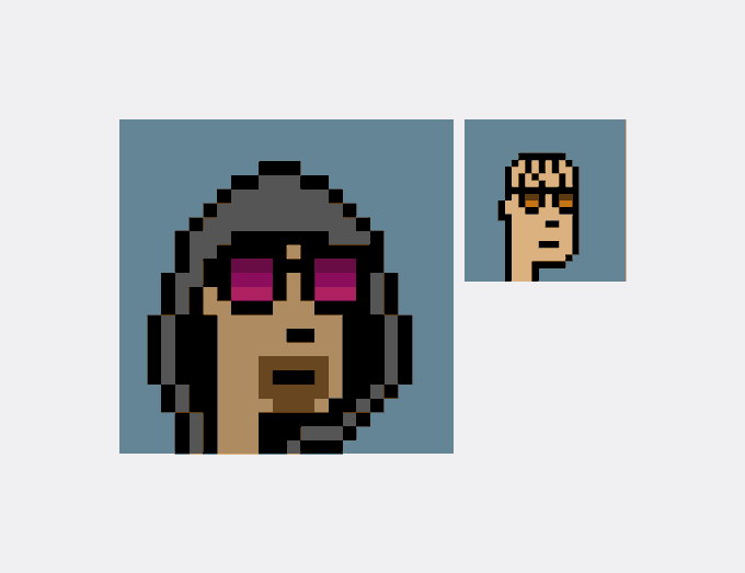 Two pixel art portraits: a larger blue-grey backgrounded character with a hood and pink eyes, and a smaller bearded figure with orange eyes.