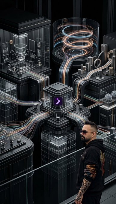 A tattooed man with a beard and sunglasses stands in profile looking up at a futuristic, dark-toned 3D-rendered cityscape featuring a central glowing purple cube and colorful neon light streams weaving between glass skyscrapers.