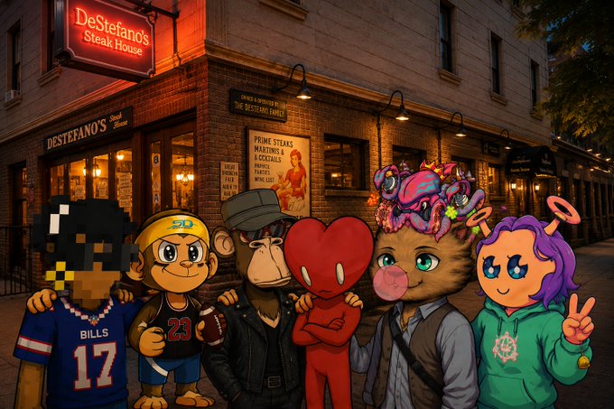 A group of seven stylized cartoon NFT characters pose together outside "DeStefano's Steak House," with visible references including a "Bills 17" jersey, a basketball jersey with "23," and signs advertising "Prime Steaks, Martinis & Cocktails." The image illustrates an NFT NYC side event gathering, bringing together various NFT communities like Quirkies, Bored Ape, and others mentioned in the post for a night out at the steakhouse.